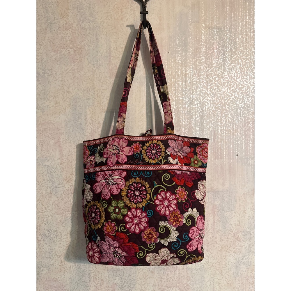 Vera Bradley Plum Crazy Quilted Cotton Floral Tote Bag Shoulder Purse